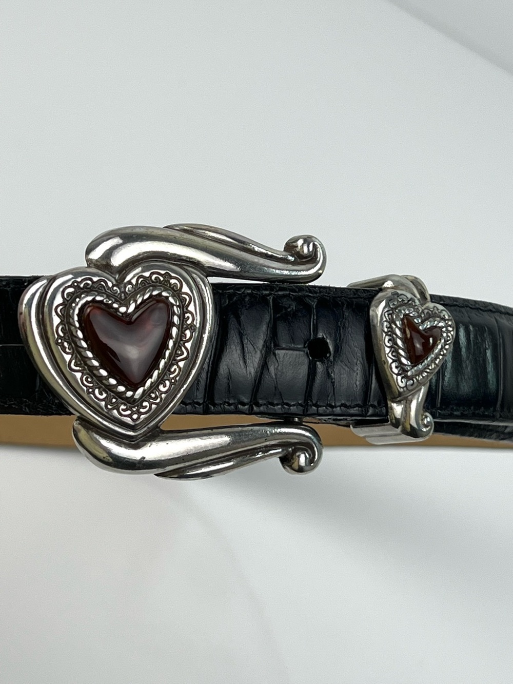 Brighton Double Enamel Hearts Buckle Black Leather Women’s Belt ML 32 Western